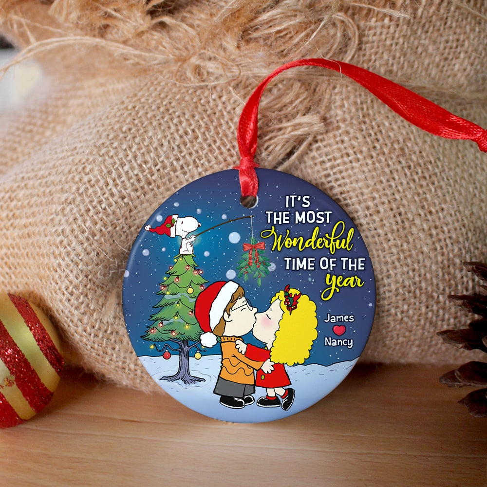 Personalized Cartoon Couple Kissing Under The Mistletoe Christmas Ornament