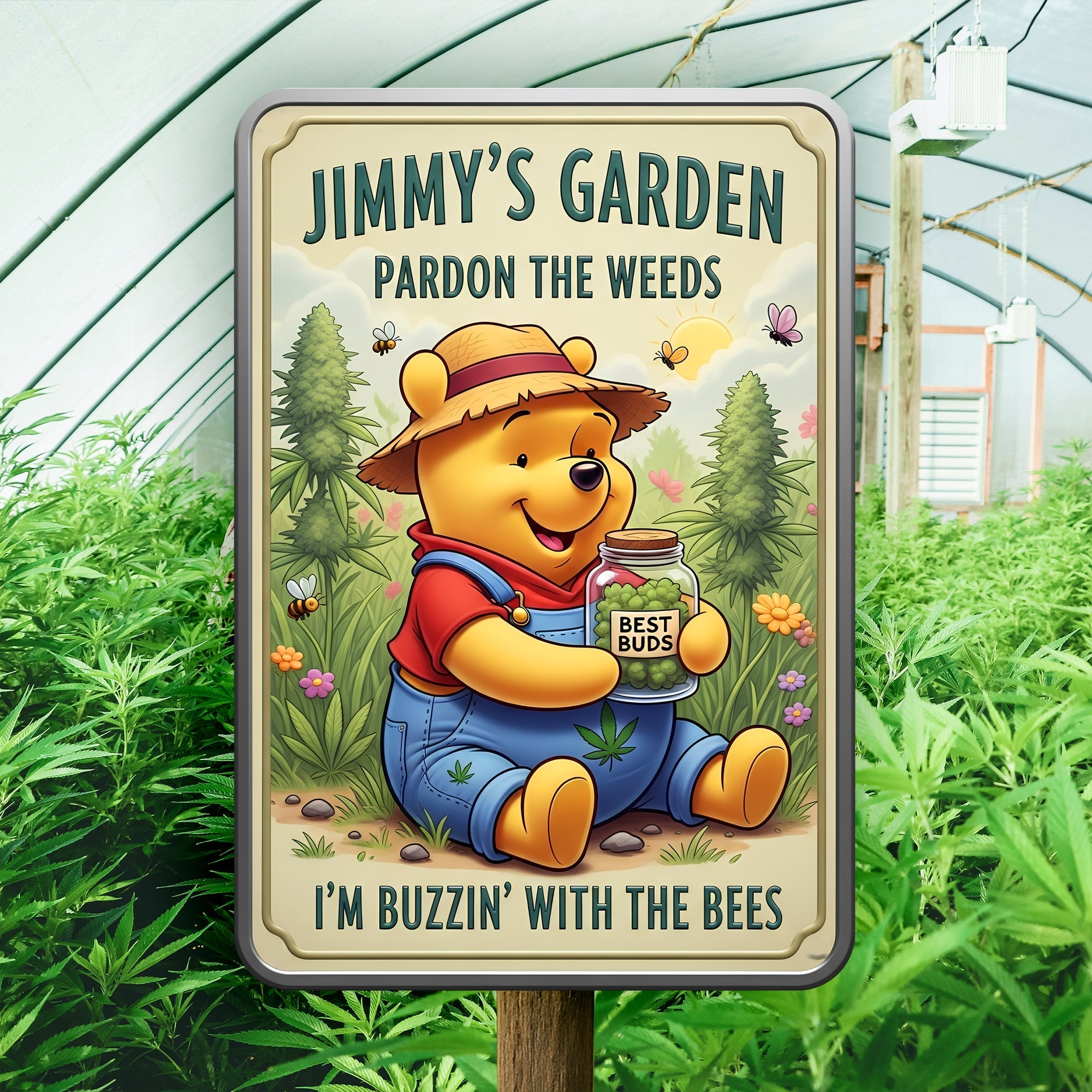 "Pardon the Weeds and Celebrate the Buzz" - Chill Garden Metal Sign, Personalized Gifts for Stoners Metal Signs PopCulturePrints