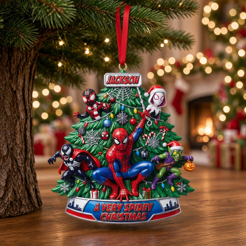 “Swinging into Christmas Cheer!” - Personalized Acrylic Ornament for Spidey Fans - Gift for Kids and Marvel Lovers Ornament PopCulturePrints