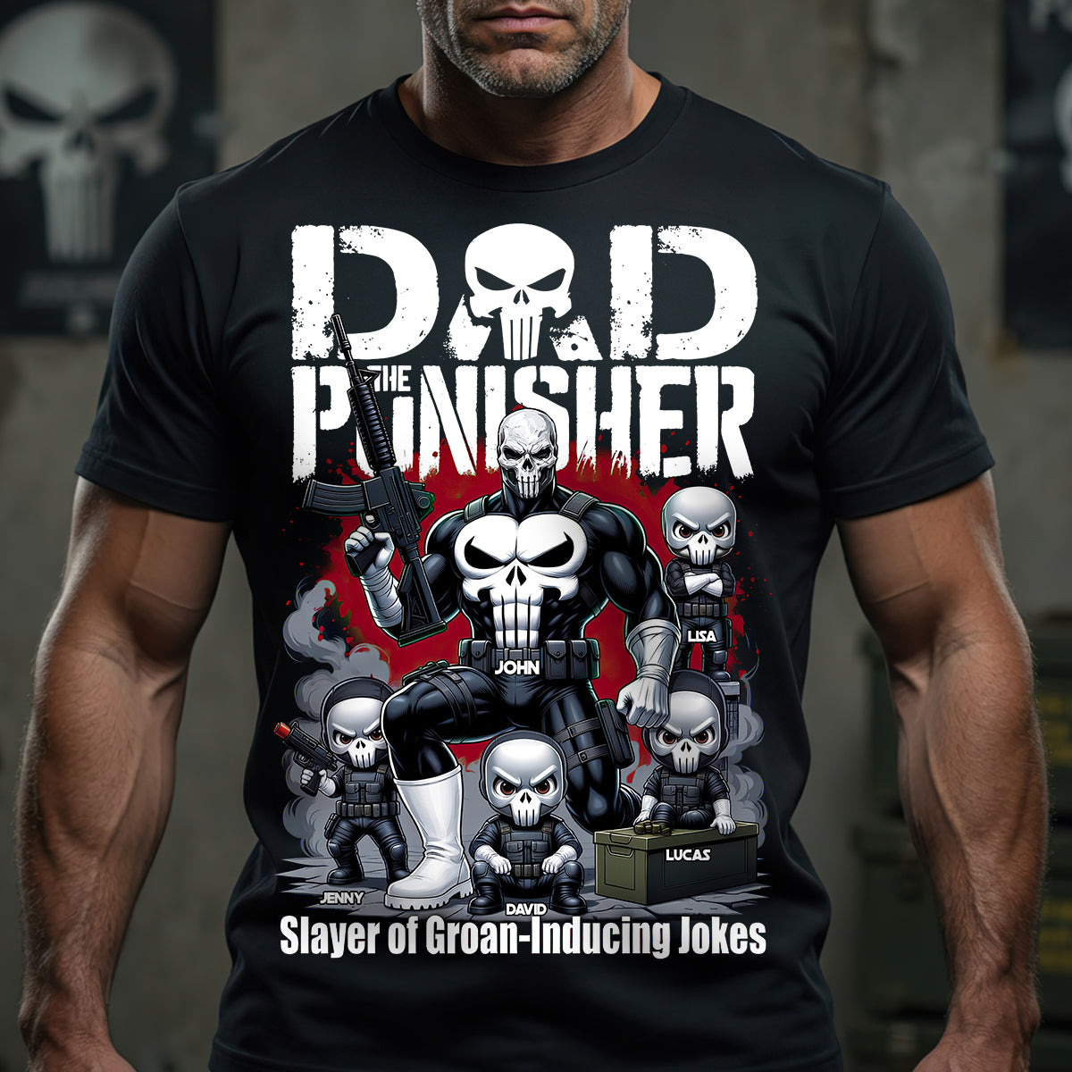 "Dad, The Punisher - Slayer of Groan-Inducing Jokes" - Personalized Dad Clan Shirt - Gift for Fathers, Grandpas, and All Dads Shirts PopCulturePrints