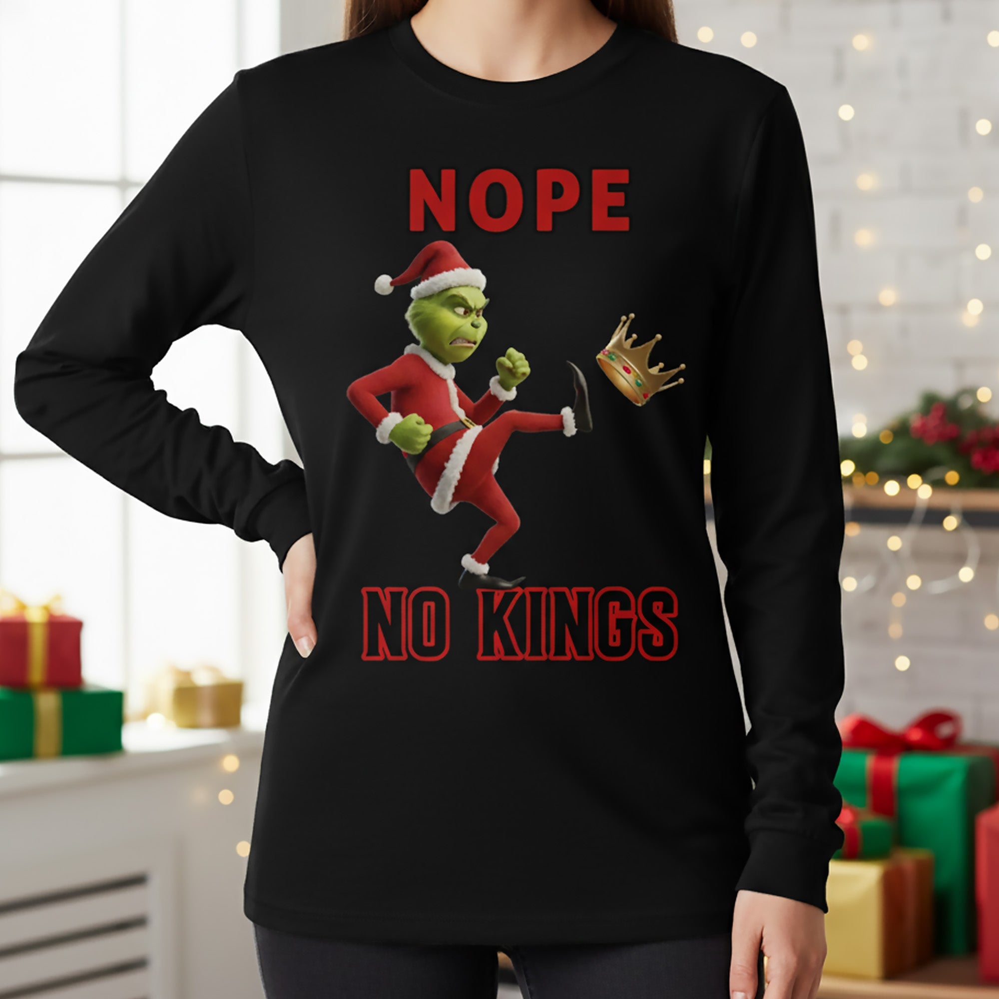 "Nope, No Kings!" - Funny Green Monster Shirt - Customizable Gift for Christmas Fans, Grinch Lovers Shirts PopCulturePrints