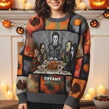 Load image into Gallery viewer, &quot;Celebrate Horror with Thanksgiving Spirit&quot; - Personalized Slashers Ugly Sweater for Horror Lovers AOP Products PopCulturePrints
