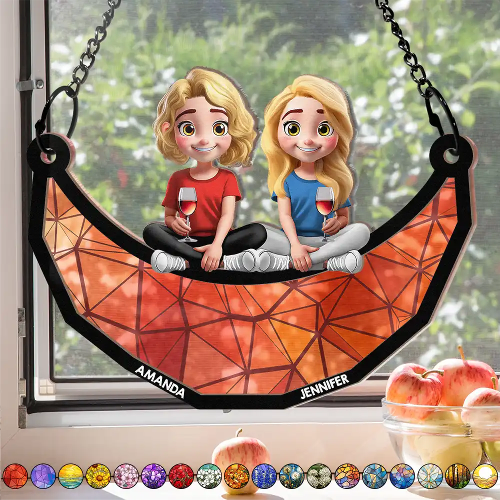 Bestie Sister Sitting On The Moon - Personalized Window Hanging Suncatcher Ornament Suncatcher Ornament PopCulturePrints
