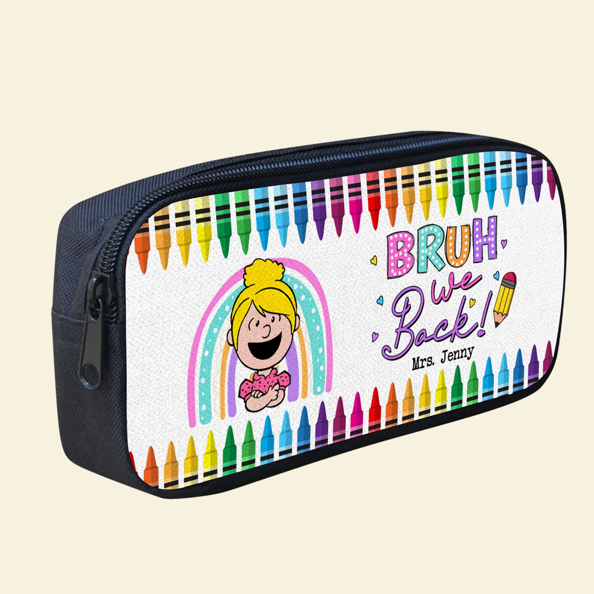 Personalized 'BRUH We Back!' Colorful Crayon Pencil Case