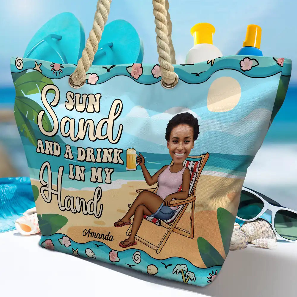Sun, Sand, and a Drink in My Hand - Personalized Beach Bag Beach Bag PopCulturePrints