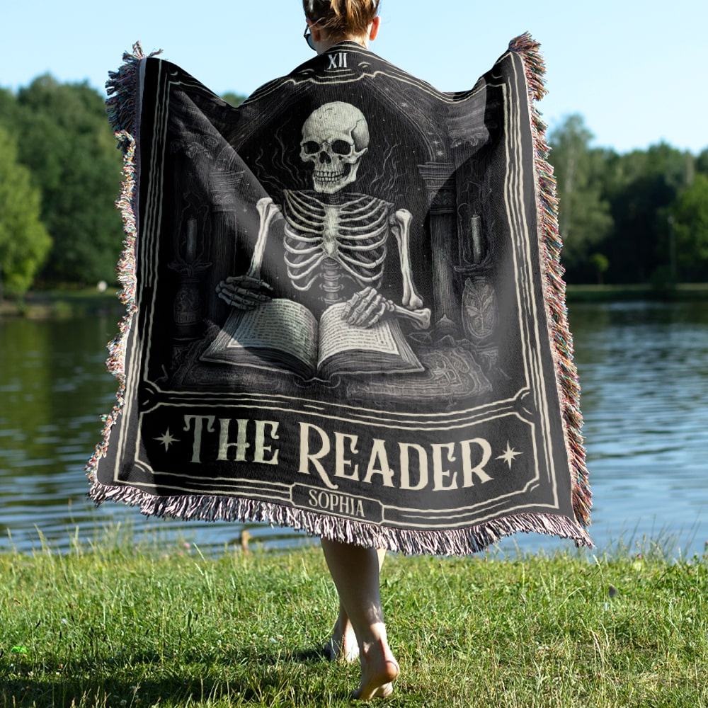 Personalized Reader's Skeleton Woven Blanket - Halloween Gift for Book Lovers