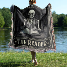 Load image into Gallery viewer, Personalized Reader&#39;s Skeleton Woven Blanket - Halloween Gift for Book Lovers
