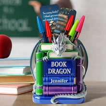 Load image into Gallery viewer, “Too Many Books?” - Book Dragon Wooden Pen Holder - Personalized Gift for Book Lovers Pen Holder PopCulturePrints
