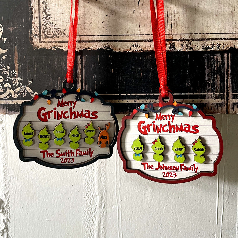 Merry Grinchmas Personalized Family Wood Ornament - Custom Christmas Gift