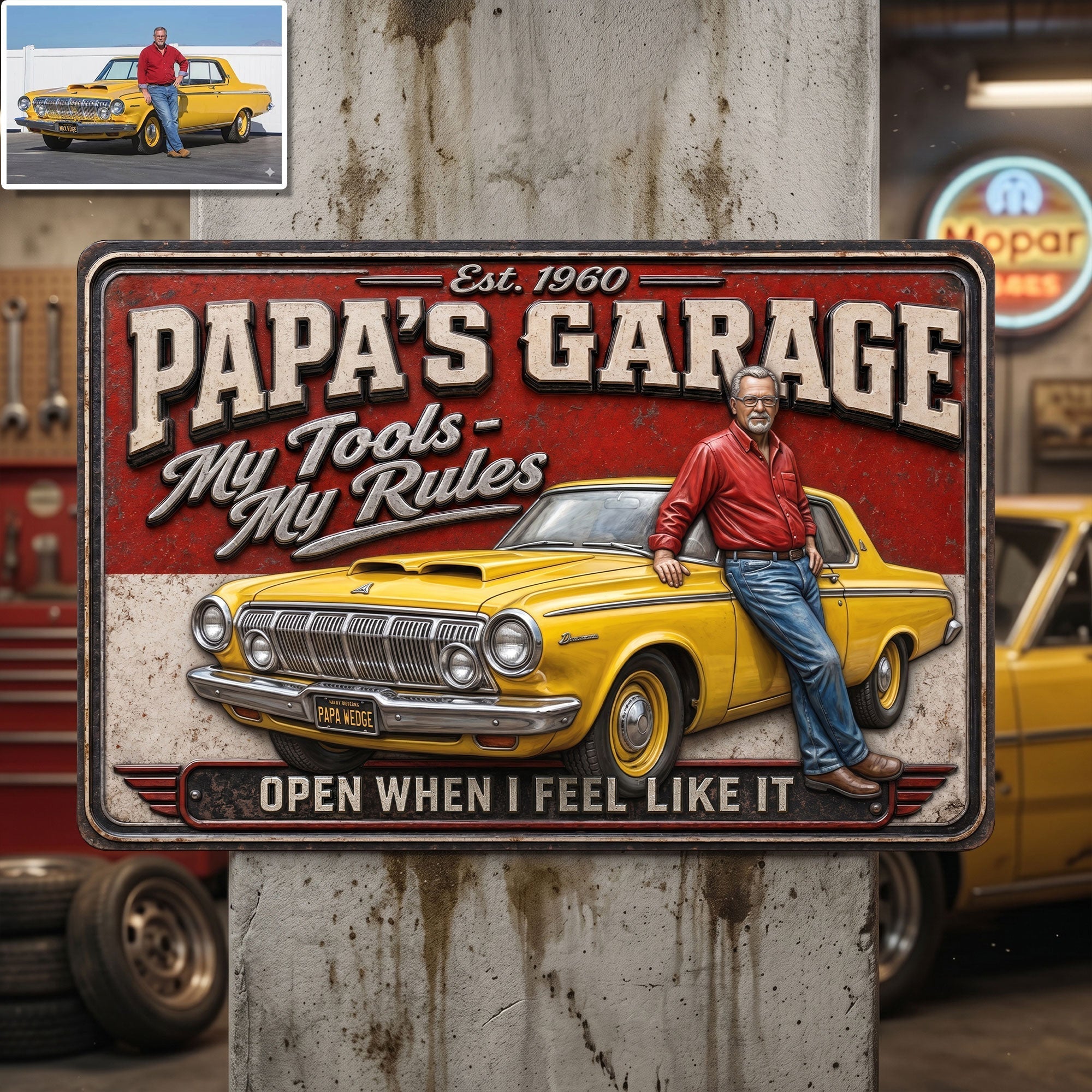 "Papa’s Garage - My Tools, My Rules!" - Personalized Retro Car Garage Metal Sign - Gift for Dad, Grandpa, and Car Lovers Metal Signs PopCulturePrints