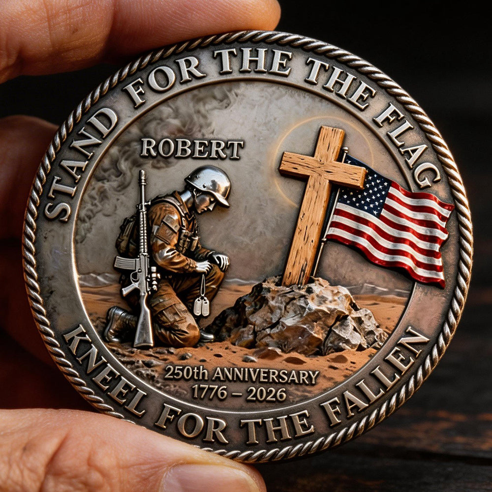 "Stand for the Flag, Kneel for the Fallen" - Military 250th Anniversary Personalized Metal Coin - Custom Gift for Veterans and Patriots Coin PopCulturePrints