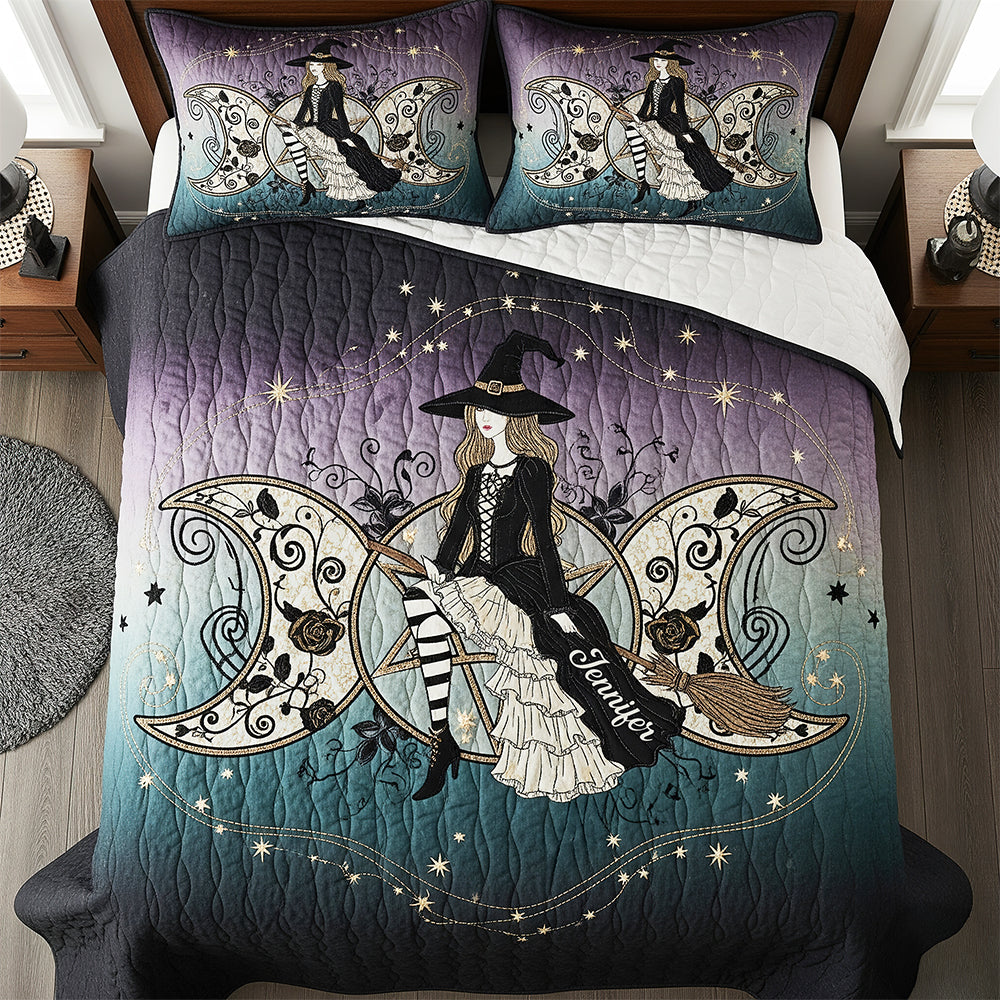 "Embrace Your Magic" - Mystic Witch Triple Moon Quilt Bed Set, Personalized Gift for Wiccans, Unique Custom Design Bedding Set PopCulturePrints