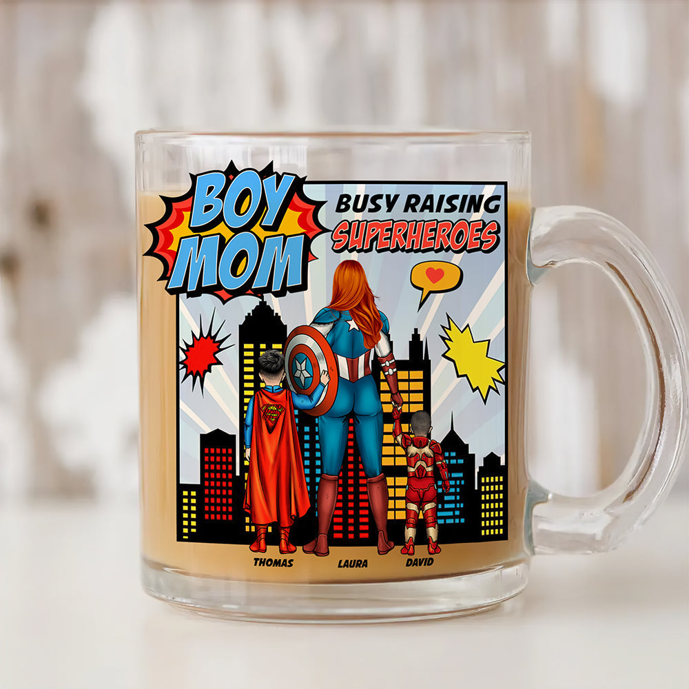 "Busy Raising Superheroes" - Boy Mom Clear Glass Mug - Personalized Gift for Moms, Grandmas, and More Clear Glass Mug PopCulturePrints