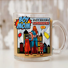 Load image into Gallery viewer, &quot;Busy Raising Superheroes&quot; - Boy Mom Clear Glass Mug - Personalized Gift for Moms, Grandmas, and More Clear Glass Mug PopCulturePrints
