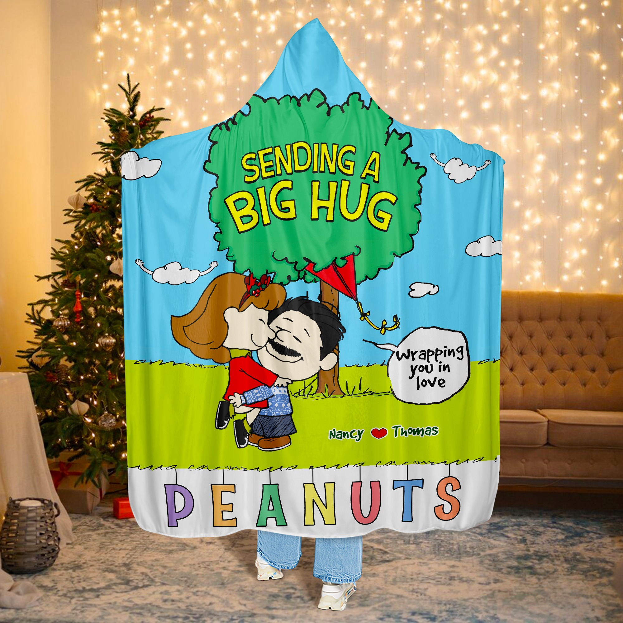 Custom Cartoon Couple Christmas Hooded Blanket – Perfect Personalized Gift