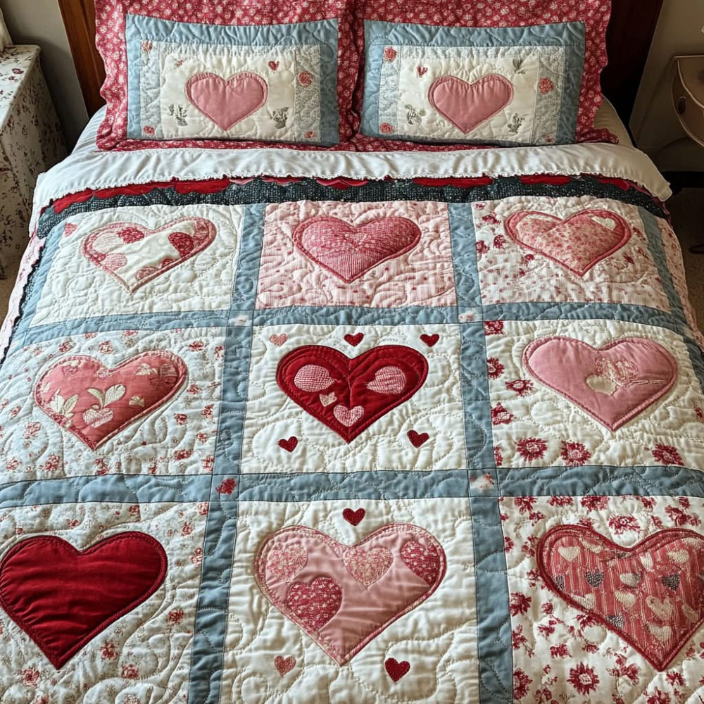 Vintage Heart Charm Quilt Bed Set for Couples Blanket PopCulturePrints