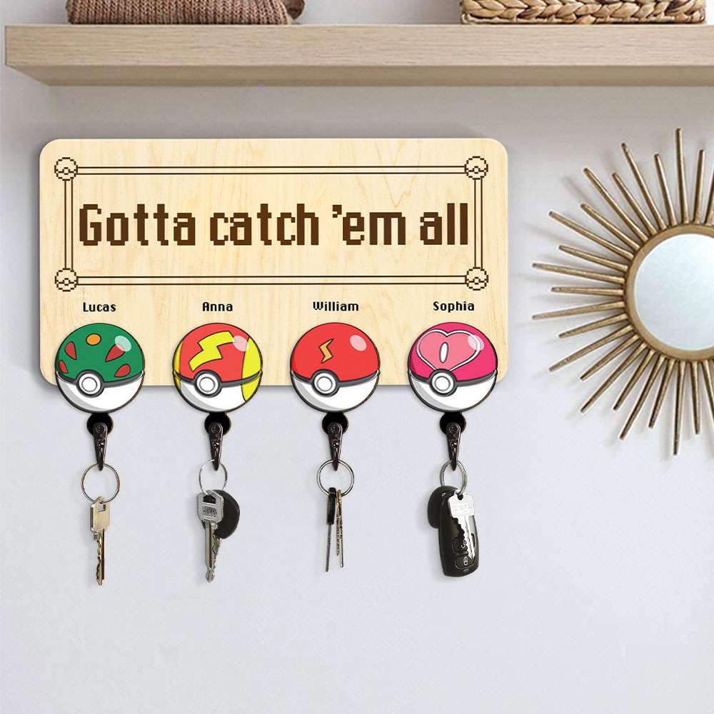 Personalized Family Key Hanger - Catch 'Em All Design Wood Sign PopCulturePrints