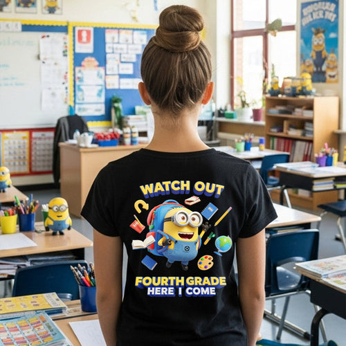 Watch Out! Fourth Grade Here I Come - Cute Cartoon Personalized Back To School Shirt for Kids Shirts PopCulturePrints