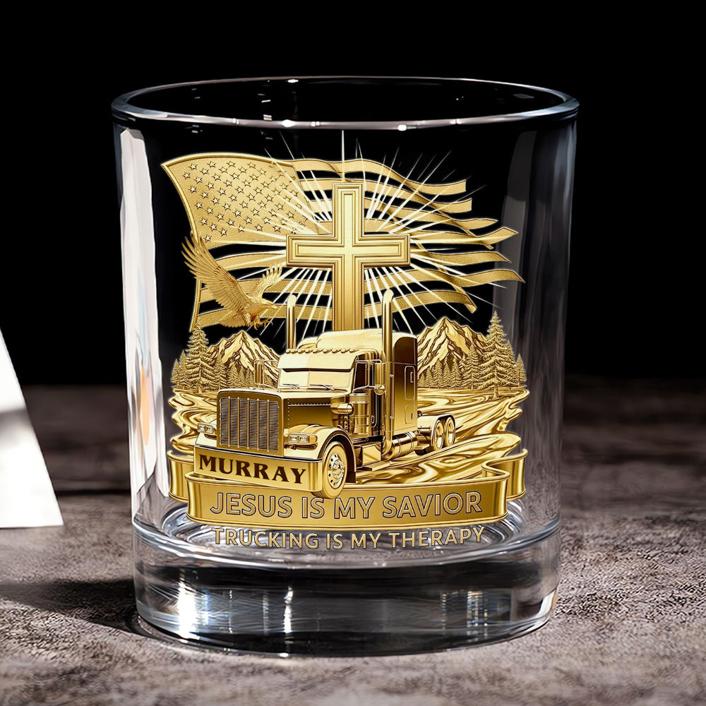 Jesus Is My Savior - Custom Trucker Round Whiskey Glass - Personalized Gifts for Christian Truckers and Faith Enthusiasts Whiskey Glass PopCulturePrints