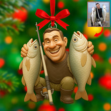 Load image into Gallery viewer, “Hooked on Happiness” - Funny Caricature Christmas Ornament - Custom Photo Gifts for Fishing Lovers Ornament PopCulturePrints
