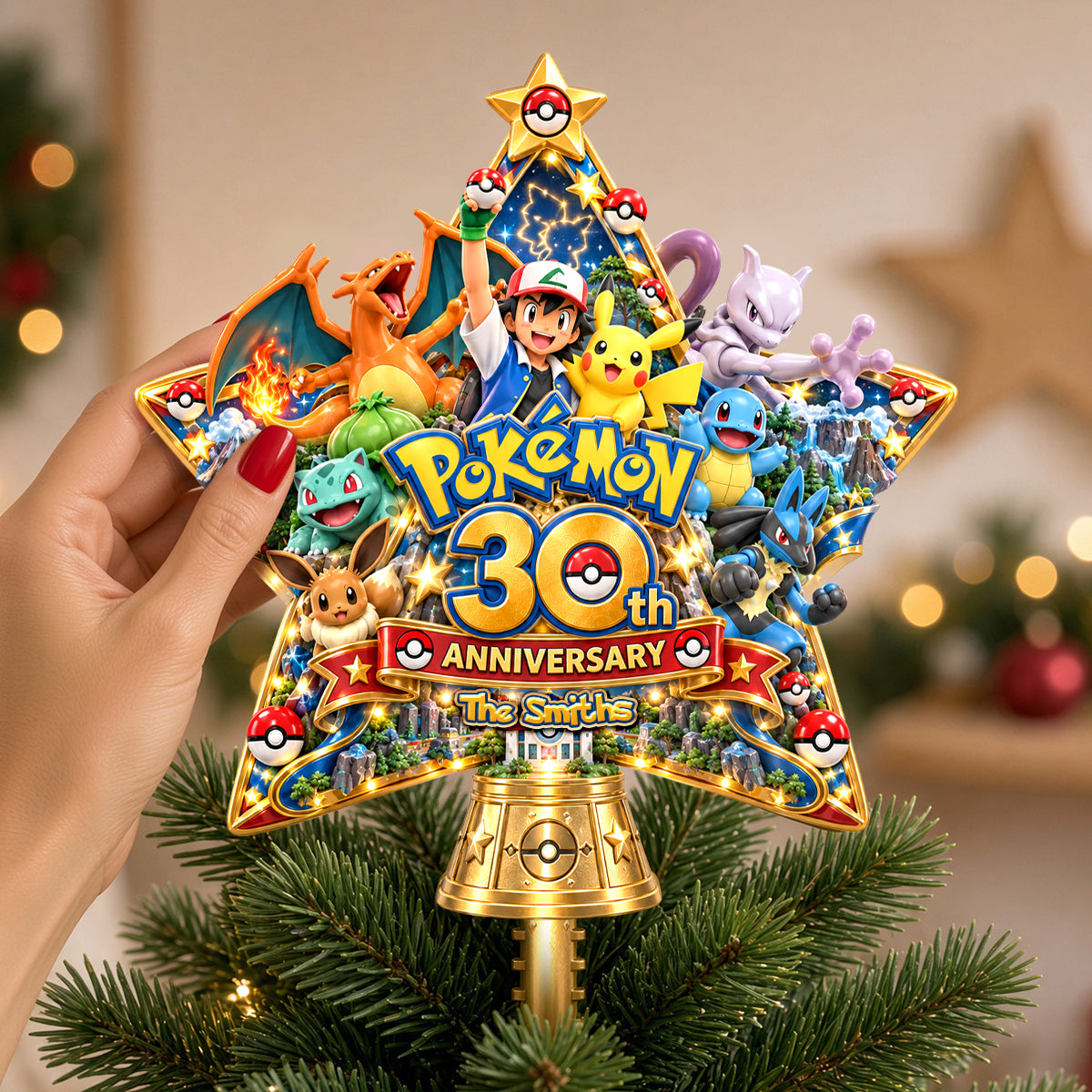 Celebrate Joyfully: 30th Anniversary Pokémon Creature Family Tree Topper - Personalized Christmas Gifts for Everyone Ornament PopCulturePrints