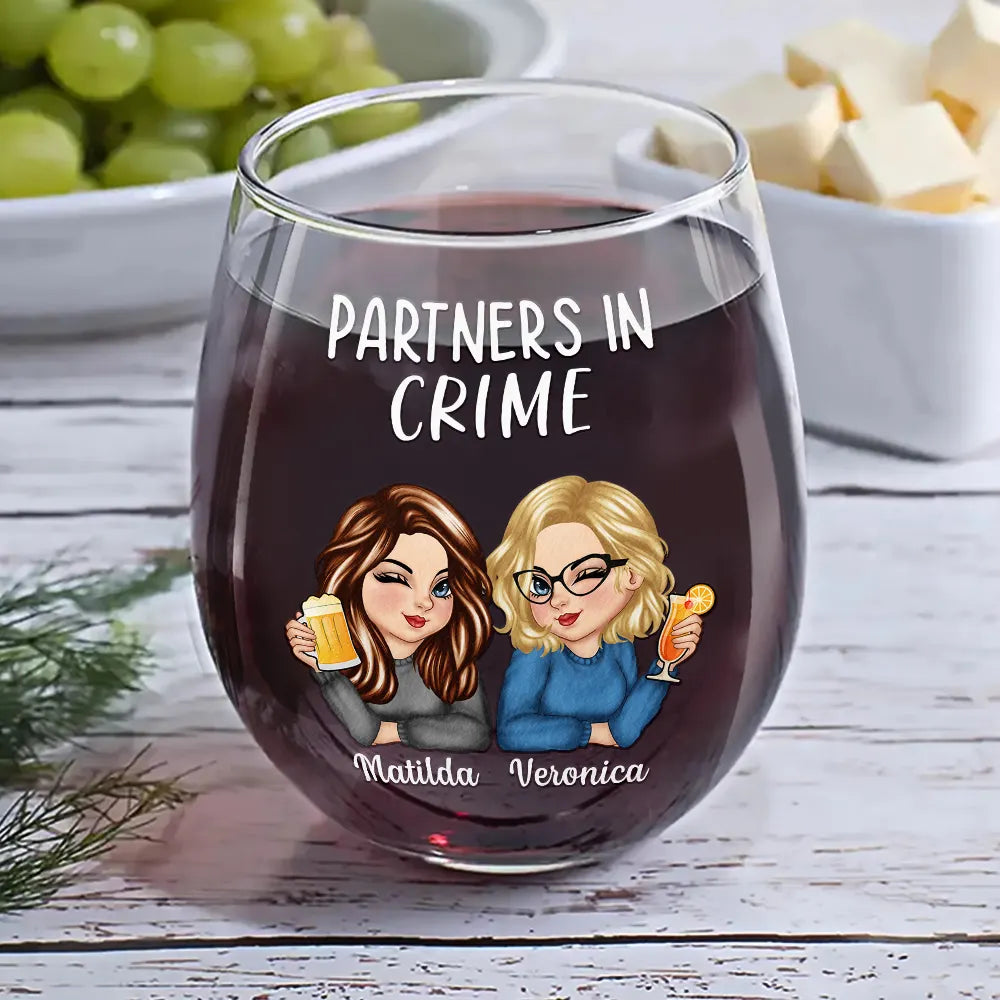 Partners in Crime - Personalized Stemless Wine Glass for Besties Wine Glass PopCulturePrints