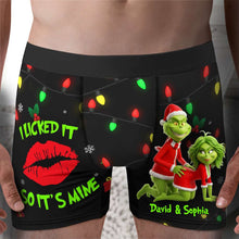 Load image into Gallery viewer, “I Licked It So It’s Mine!” - Personalized Mischief Green Couple Boxers - Perfect Christmas Gift for Him Boxer Briefs PopCulturePrints
