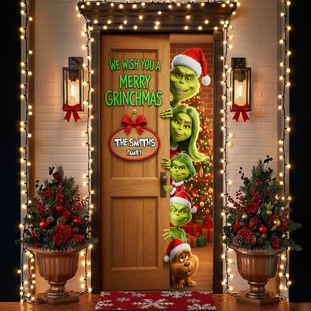 We Wish You a Merry Grinchmas - Personalized Family Christmas Door Cover Door Covers PopCulturePrints