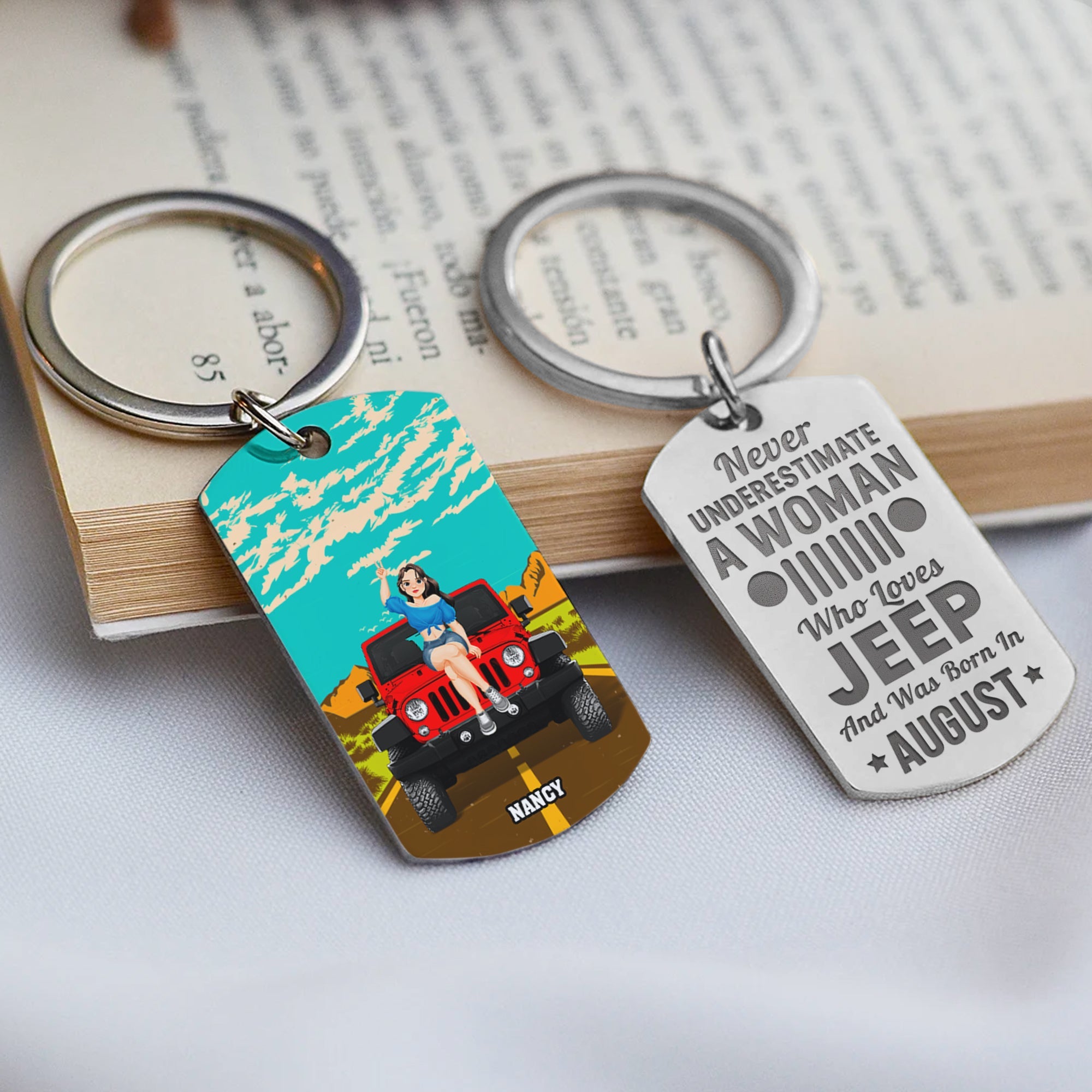 Personalized Jeep Lover Women Born in August Keychain