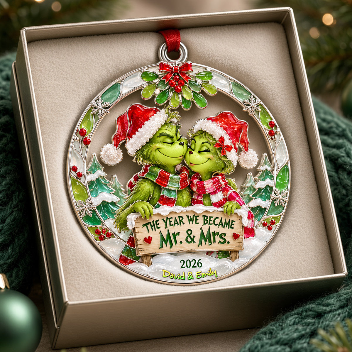 "The Year We Became Mr. & Mrs." - Personalized Grinch Ornament - Unique Gift for Newlywed Couples and Christmas Celebration
