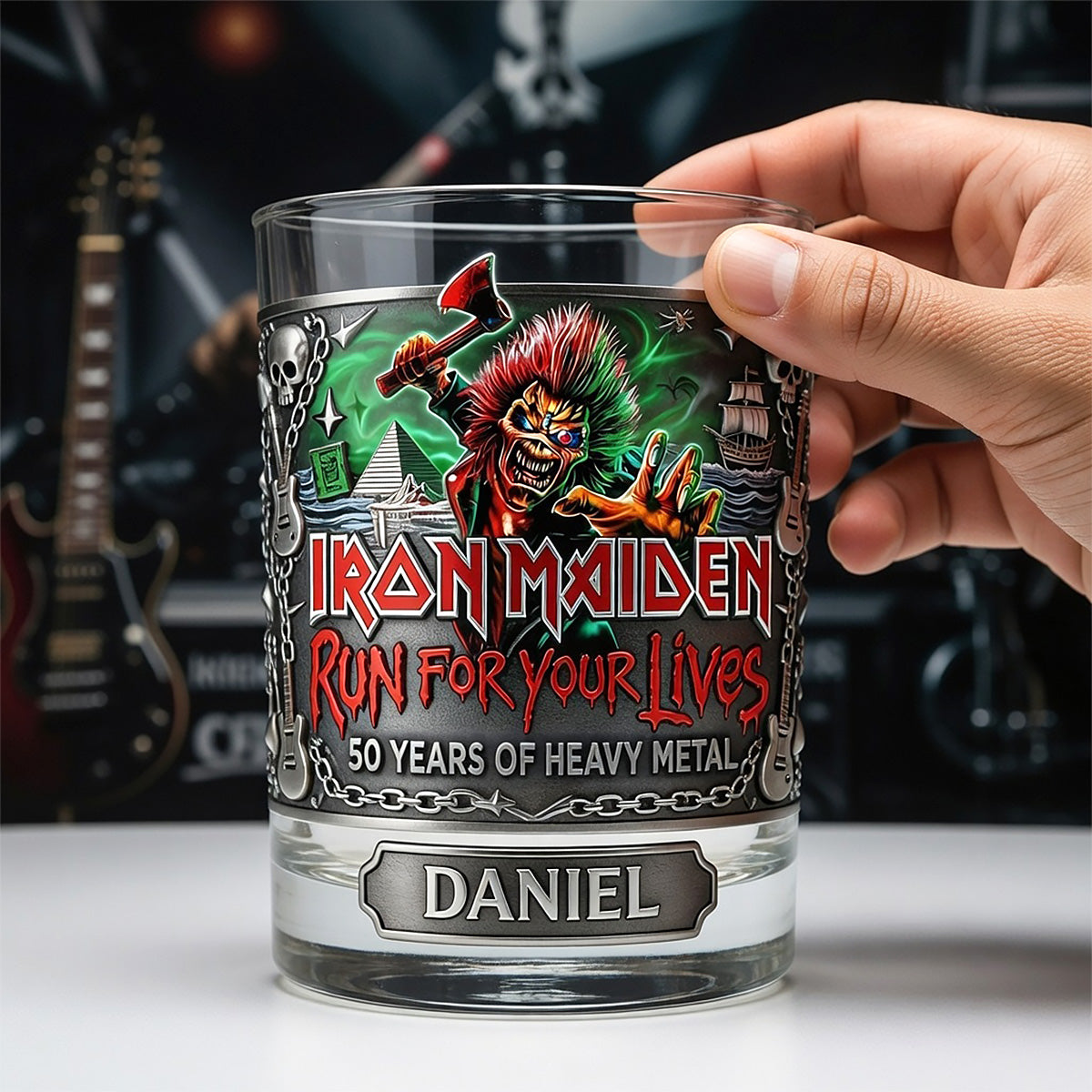 "Run for Your Lives" - Heavy Metal 50th Anniversary Whiskey Glass - Personalized Gift for Rock Lovers Glass PopCulturePrints