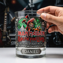 Load image into Gallery viewer, "Run for Your Lives" - Heavy Metal 50th Anniversary Whiskey Glass - Personalized Gift for Rock Lovers Glass PopCulturePrints
