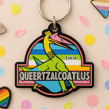 Load image into Gallery viewer, “Let Your Pride Roar!” - Colorful Dinosaur Keychain - Personalized Gift for LGBTQ+ Friends, Family and Allies Keychains PopCulturePrints
