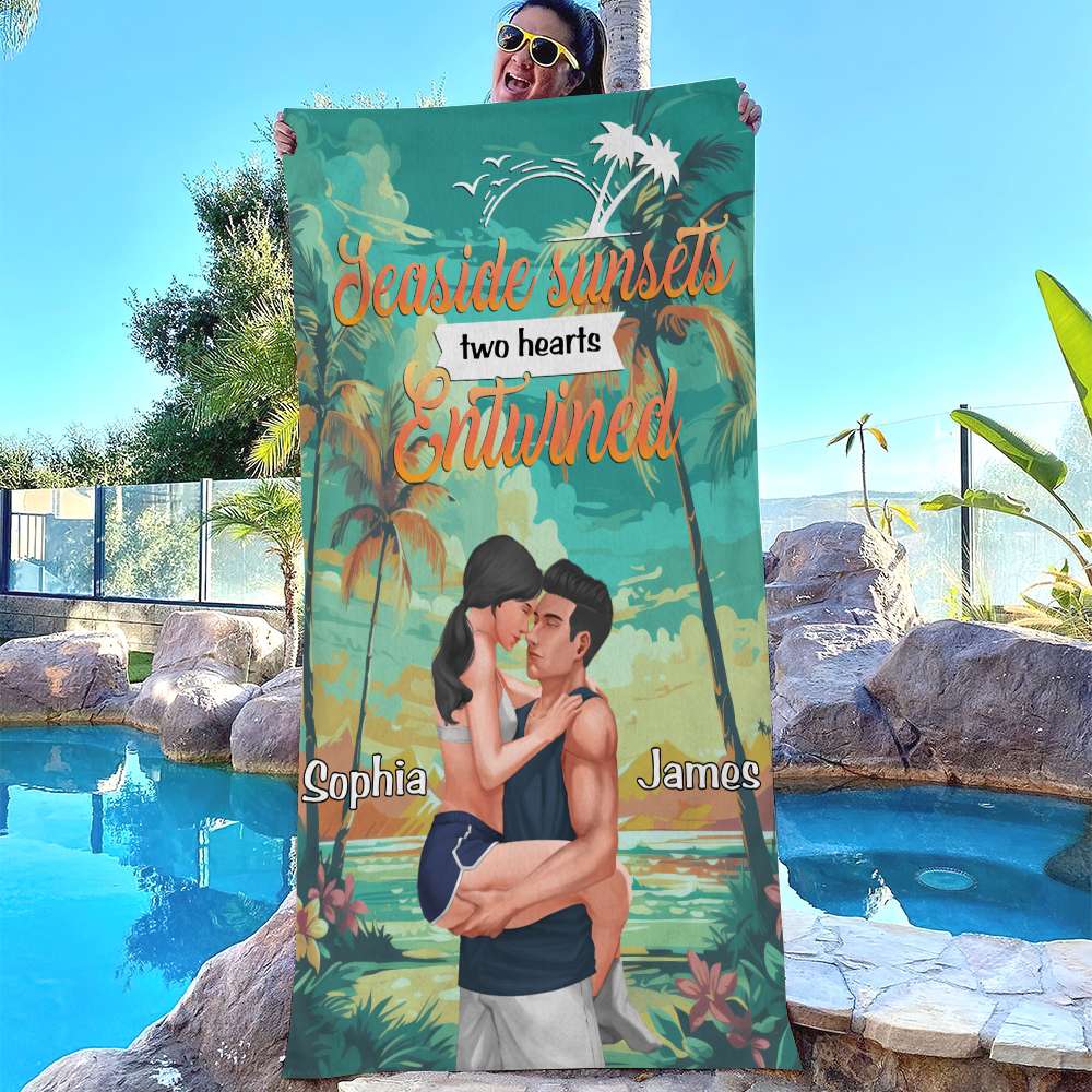 Personalized Beach Towel for Couples - Seaside Sunsets Design Beach Towel PopCulturePrints