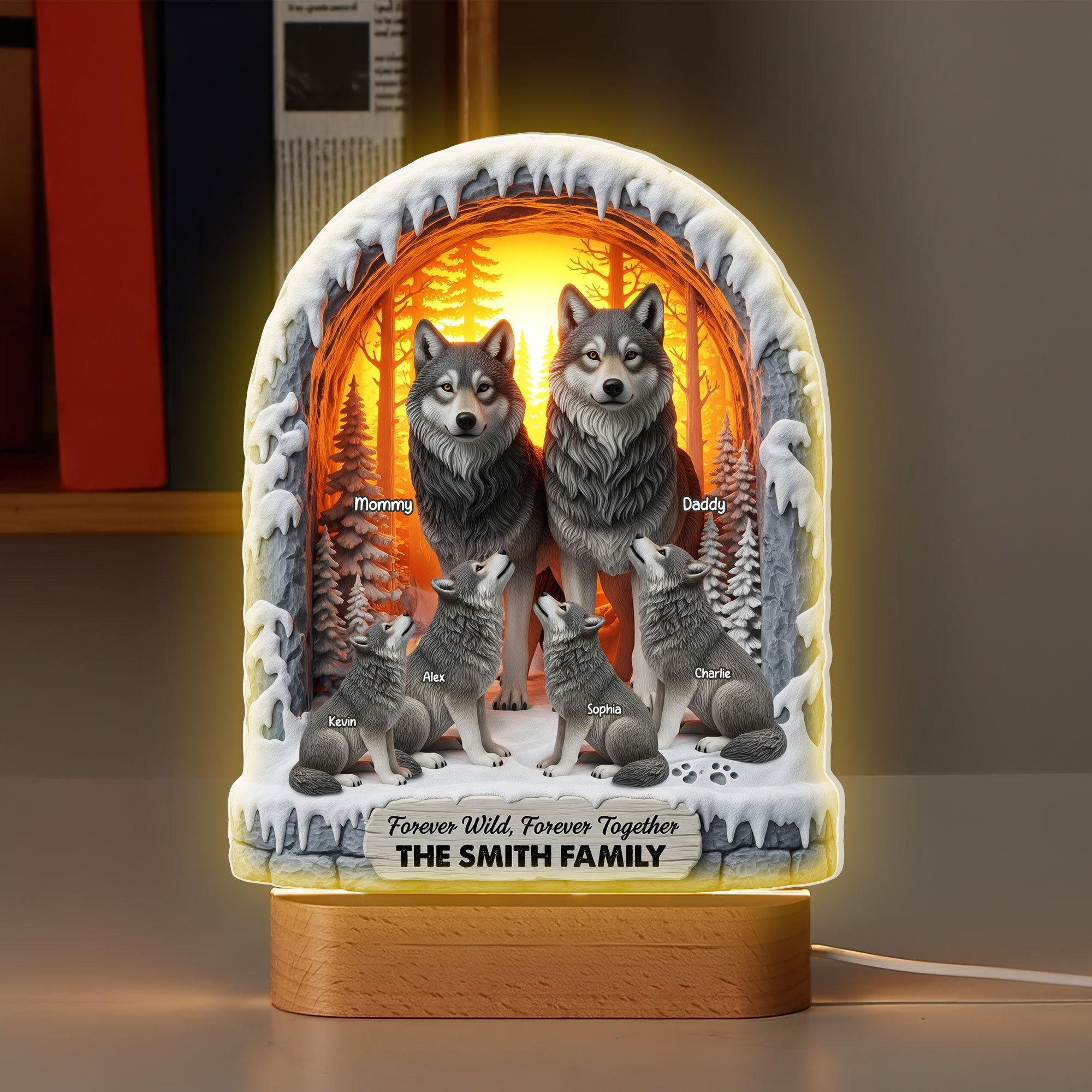 Forever Wild, Forever Together - Personalized Wolf Family LED Light Led Night Light PopCulturePrints