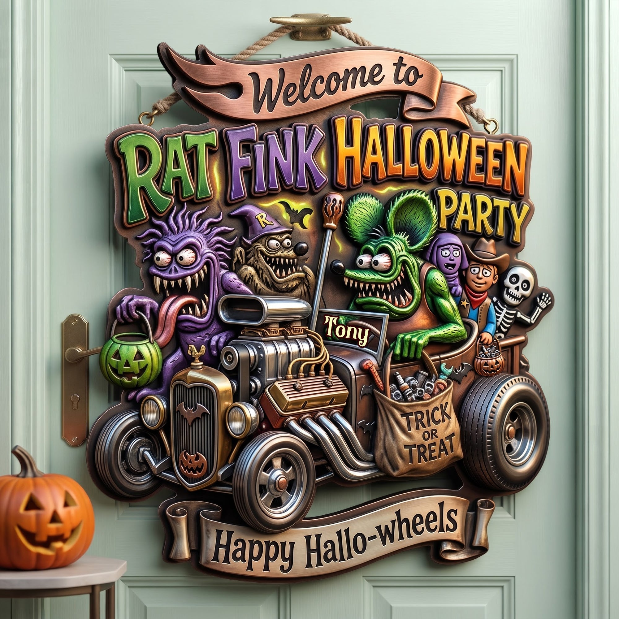 "Welcome to the Spookiest Ride!" - Personalized Hot Rod Garage Halloween Party Sign - Perfect Gift for Hot Rod Lovers Acrylic Sign PopCulturePrints