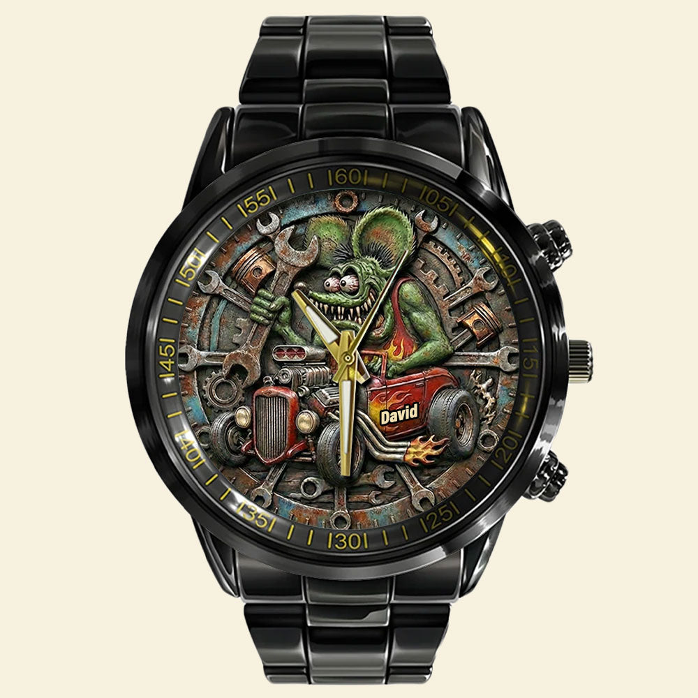 Rev Up Time! Classic Racing Stainless Steel Men's Watch - Personalized Gift for Hot Rod Lovers Men's Watch PopCulturePrints