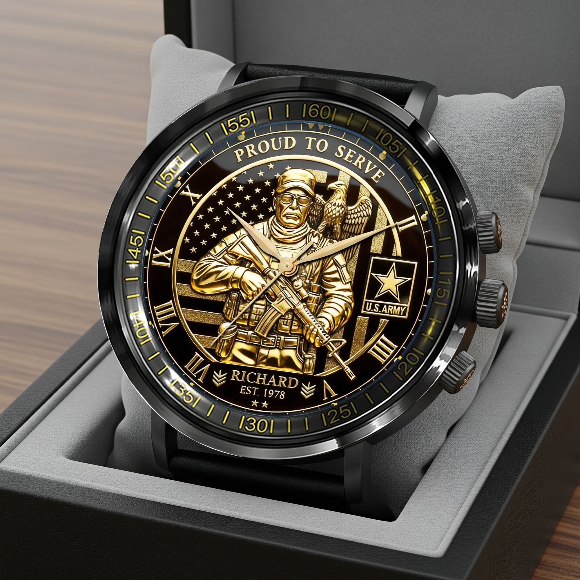 “Proud To Serve” - Personalized Stainless Steel Men's Watch - A Meaningful Gift for Veterans Men's Watch PopCulturePrints