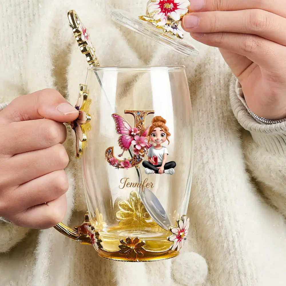 "A Touch of Elegance, Personalized Delight" - Butterfly Monogram With 3D Effect Glass Flower Tea Cup - Perfect Gift for Mom, Grandma, and Loved Ones Glass Flower Tea Cup PopCulturePrints
