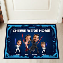 Load image into Gallery viewer, Custom Star-Themed Family Photo Doormat - 'Chewie We're Home' Doormat PopCulturePrints
