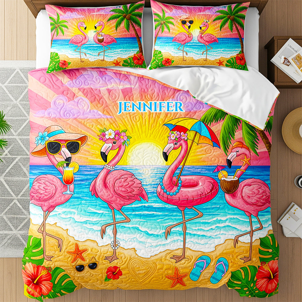 Embrace the Tropical Vibes - Flamingo Summer Quilt Bed Set - Personalized Gift for Flamingo Lovers Blanket PopCulturePrints