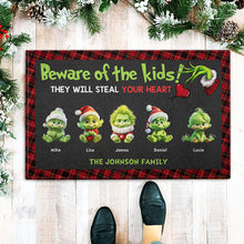 Load image into Gallery viewer, Personalized Green Monster Kids Doormat - Steal Your Heart Doormat PopCulturePrints
