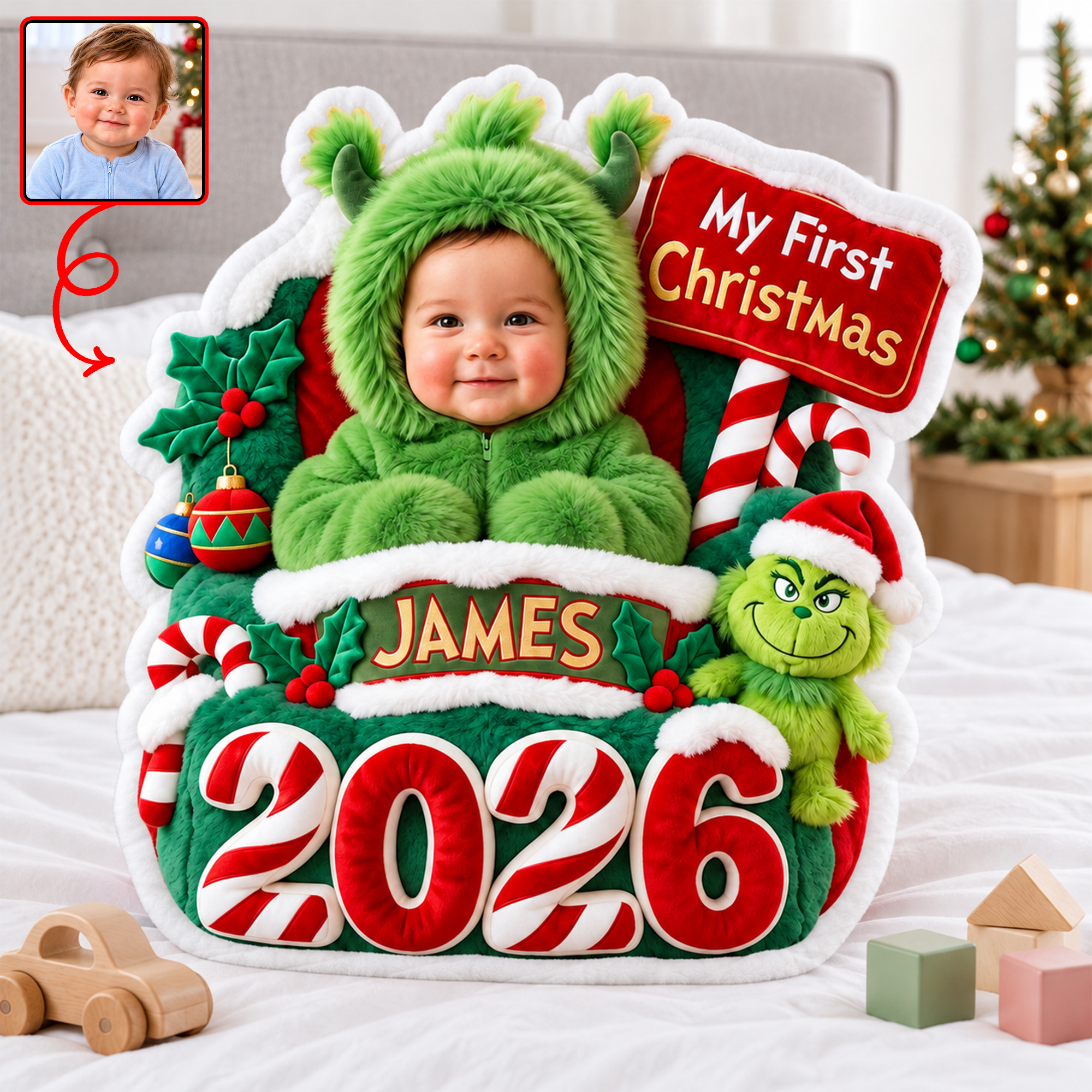 Celebrate the Magic: Baby's First Christmas Personalized Photo Pillow - Perfect Gift for New Parents