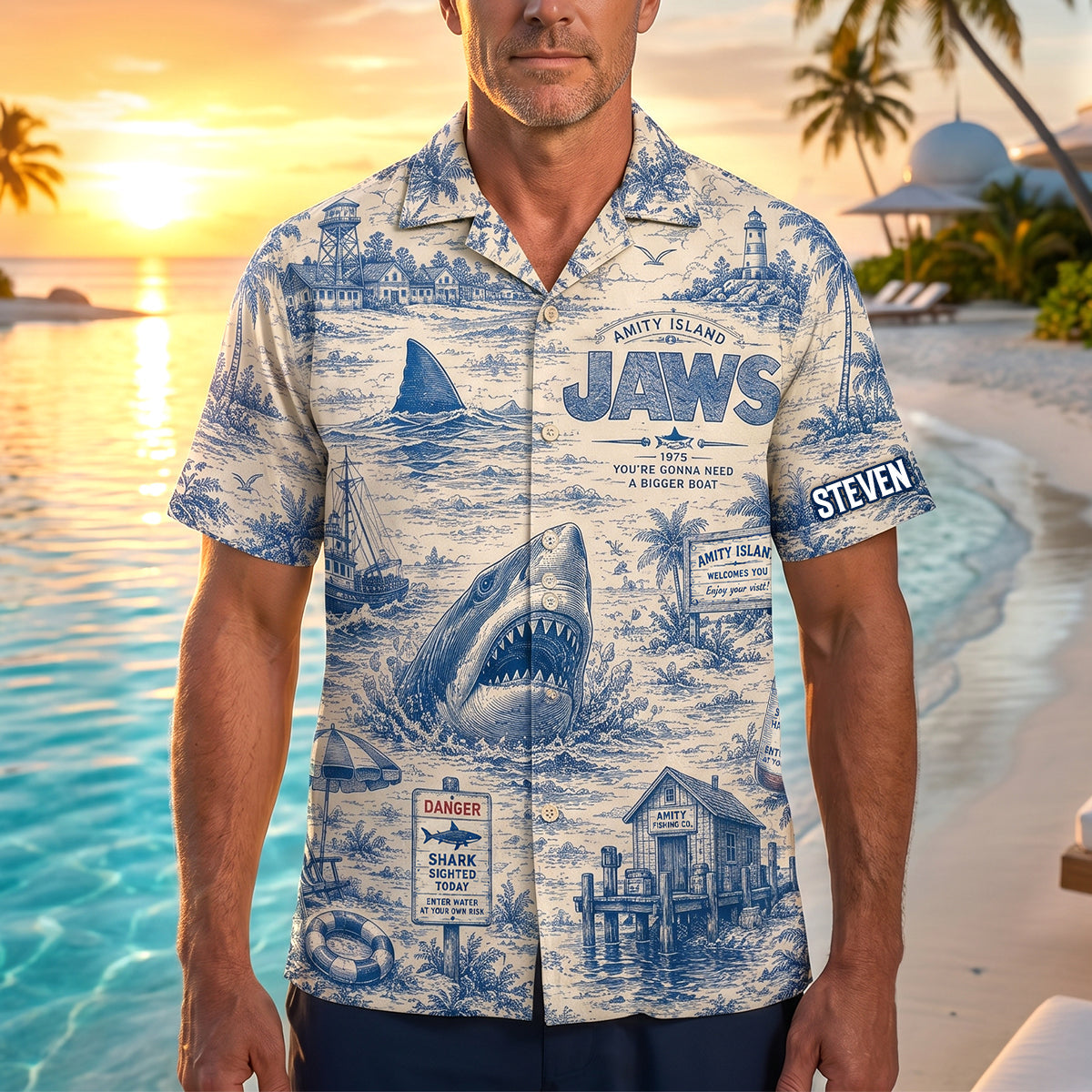 "You're Gonna Need A Bigger Boat" - Unique Toile De Jouy Hawaiian Shirt - Personalized Gift for Beach Lovers, Adventurers, and Movie Buffs Hawaiian Shirts PopCulturePrints