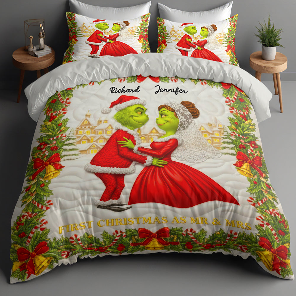 Celebrate Your Love with Our Grinch-Inspired Green Monster Couple Christmas Quilt - Personalized Bedding Set for Couples Bedding Set PopCulturePrints