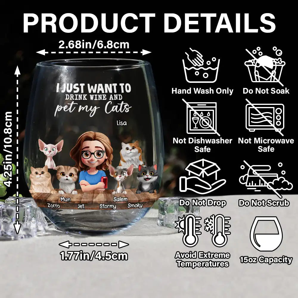 I Just Want To Drink Wine - Personalized Stemless Wine Glass for Cat Lovers Wine Glass PopCulturePrints