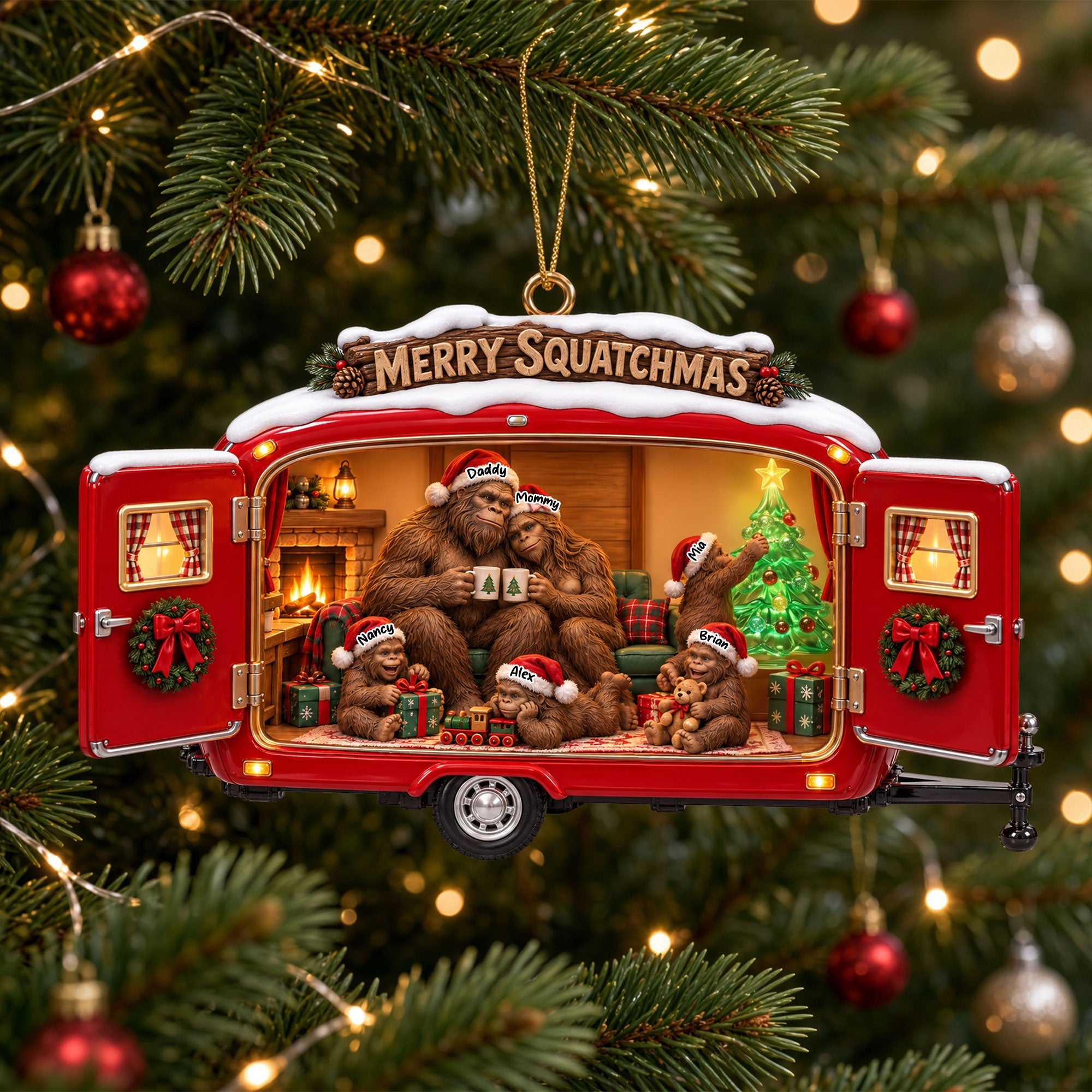 Celebrate Family Adventures with Our Personalized Cozy Camping Bigfoot Ornament - Perfect Holiday Gift for Bigfoot Enthusiasts