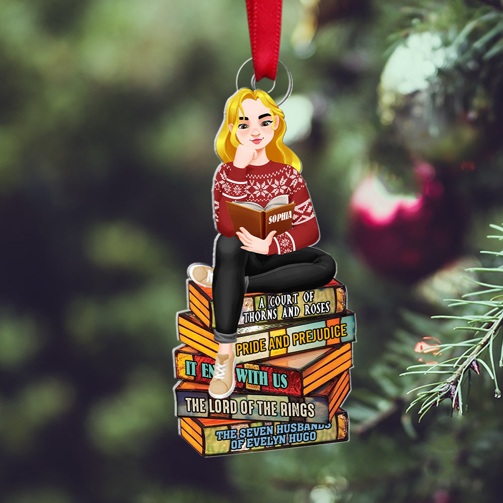 Personalized Book Lover Christmas Ornament - Girl Reading on Book Stack