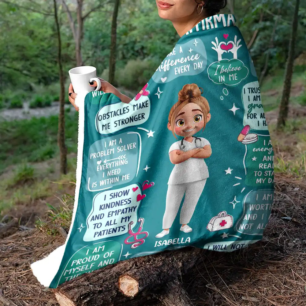 Nurse Daily Affirmations - Personalized Fleece Blanket, Sherpa Blanket for the Caring Heart Fleece Blanket PopCulturePrints