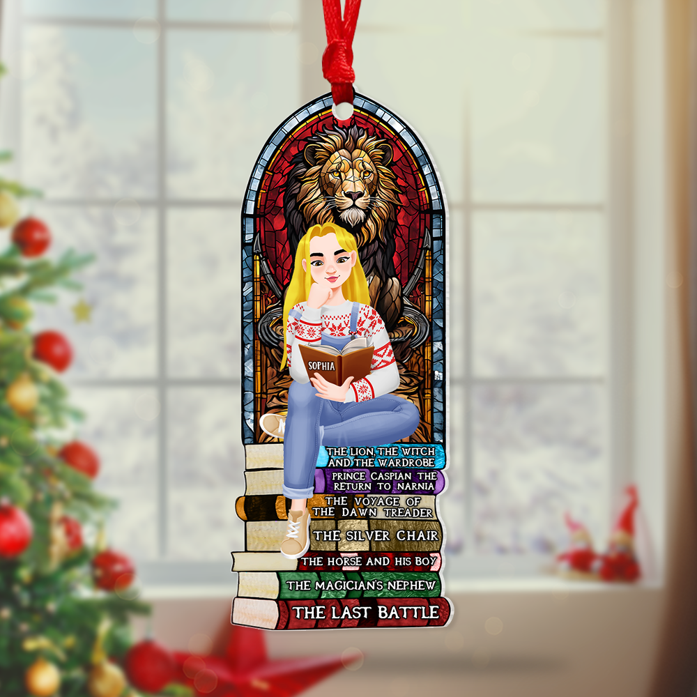 Custom Ornament for Book Enthusiasts - Girl on Book Stack Ornament PopCulturePrints